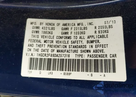 2013 Honda Accord Ex-L z USA, uszkodzony, nr VIN 1HGCR2F89DA257316